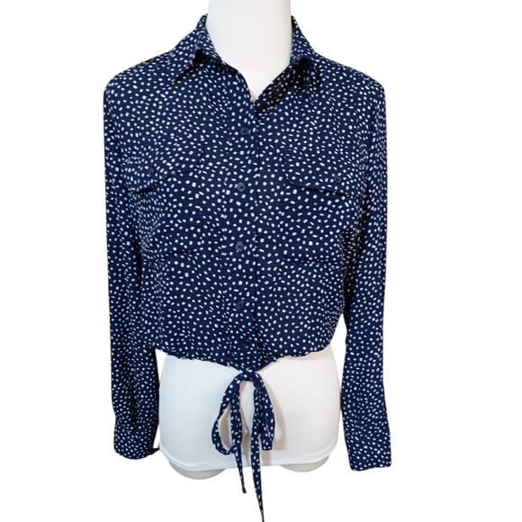 EXPRESS Cute Tie Top Blouse XS Front Pockets Blousy Fit Navy Blue Career Casual - Picture 2 of 8